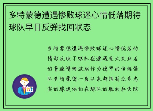 多特蒙德遭遇惨败球迷心情低落期待球队早日反弹找回状态