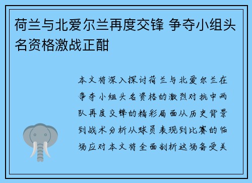 荷兰与北爱尔兰再度交锋 争夺小组头名资格激战正酣