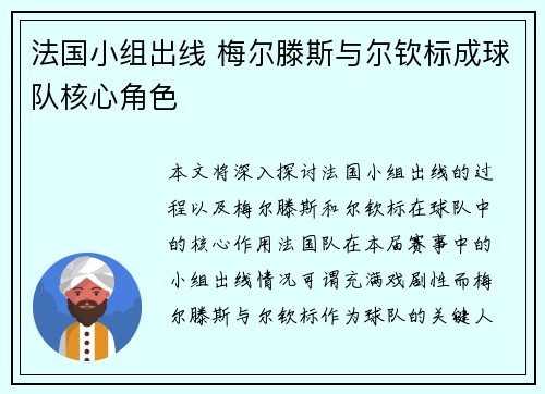 法国小组出线 梅尔滕斯与尔钦标成球队核心角色