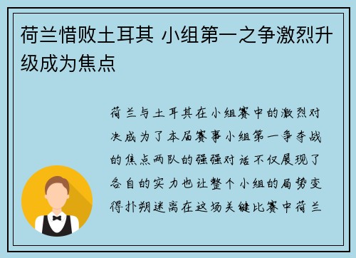 荷兰惜败土耳其 小组第一之争激烈升级成为焦点
