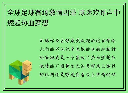 全球足球赛场激情四溢 球迷欢呼声中燃起热血梦想
