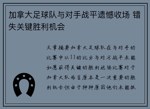 加拿大足球队与对手战平遗憾收场 错失关键胜利机会