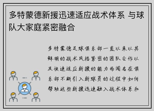 多特蒙德新援迅速适应战术体系 与球队大家庭紧密融合