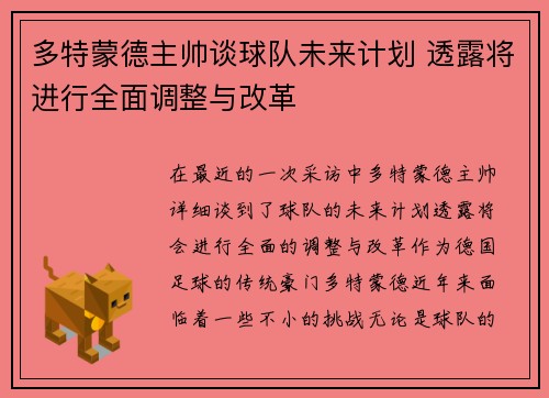 多特蒙德主帅谈球队未来计划 透露将进行全面调整与改革