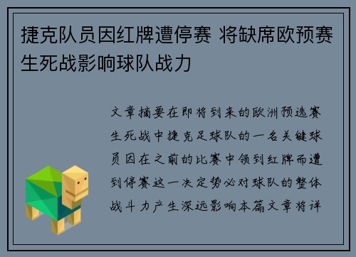 捷克队员因红牌遭停赛 将缺席欧预赛生死战影响球队战力