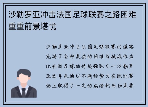 沙勒罗亚冲击法国足球联赛之路困难重重前景堪忧