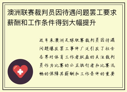 澳洲联赛裁判员因待遇问题罢工要求薪酬和工作条件得到大幅提升