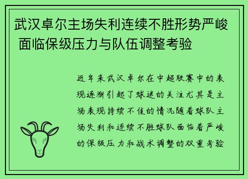 武汉卓尔主场失利连续不胜形势严峻 面临保级压力与队伍调整考验