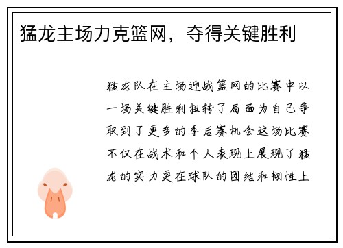 猛龙主场力克篮网，夺得关键胜利