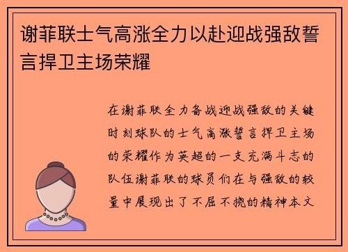 谢菲联士气高涨全力以赴迎战强敌誓言捍卫主场荣耀