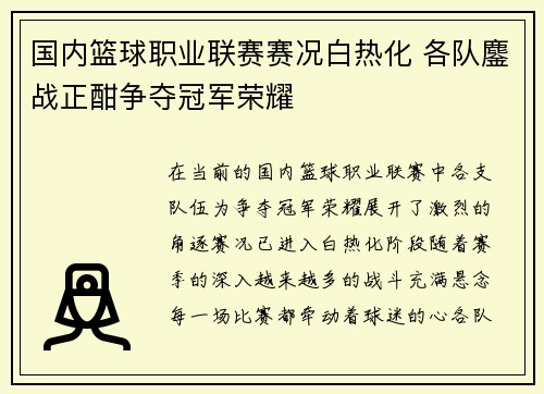 国内篮球职业联赛赛况白热化 各队鏖战正酣争夺冠军荣耀