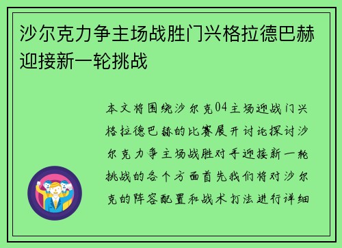 沙尔克力争主场战胜门兴格拉德巴赫迎接新一轮挑战