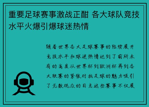 重要足球赛事激战正酣 各大球队竞技水平火爆引爆球迷热情
